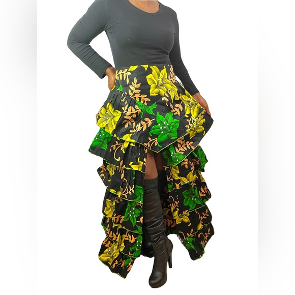 Handmade Green Multicolor Layered Ruffle Floral Print High Slit Maxi Skirt - Picture 6 of 10